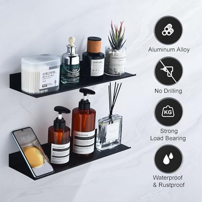 Adhesive Bathroom Shelves 2 Pack, Black Floating Wall Shelf 40cm | Metal Shower Caddy, Aerospace Aluminum, Renter-friendly, Rustproof & Waterproof, Drill/No Drill, Supports 5kg