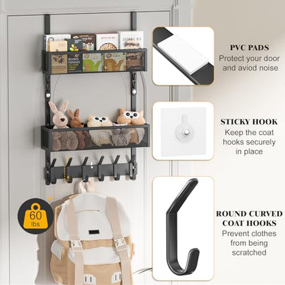LUCYCAZ Over The Door Hooks Organizer,Door Hanger with 10 Hooks & 2 Basket | Adjustable Spacing,Over The Door Towel Rack,Multi-Purpose Back Storage Organizer Hanging Coat for Bathroom,Bedroom (Black)