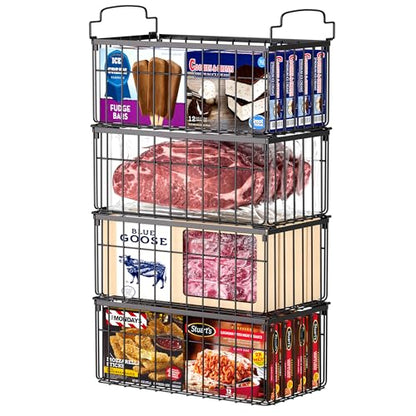 Freezer Organizer Bins, 4 Pack Big Baskets for 5/ 7 Cu.FT Deep Freezer | Stackable Chest Freezer Organizer Bins, Foldable Baskets with Handles, Black Storage Container Baskets for Sort Frozen Meats