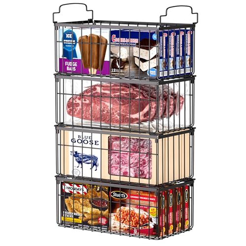 Freezer Organizer Bins, 4 Pack Big Baskets for 5/ 7 Cu.FT Deep Freezer | Stackable Chest Freezer Organizer Bins, Foldable Baskets with Handles, Black Storage Container Baskets for Sort Frozen Meats