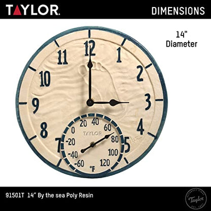 Taylor By The Sea Poly Resin Indoor and Outdoor Clock and Thermometer, Decorative and Easy to Read Large Numbers for Kitchen, Bathroom, Living Room and Indoor Areas, 14-inch, Multi-Color