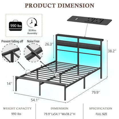 Full Size Bed Frame with LED Lights & Charging, Black Platform Bed