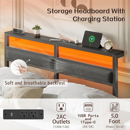 Full Size Bed Frame with LED Lights & Charging, Black Platform Bed