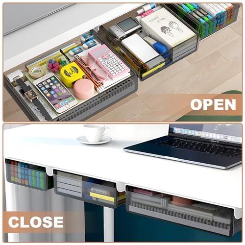 Under Desk Table Drawer Storage Organizer,3 Pack Large & Medium & Small Slide Out Desk Drawers - Hidden Desktop Organizer,Attachable Pencil Storage Tray Under Table(SML)
