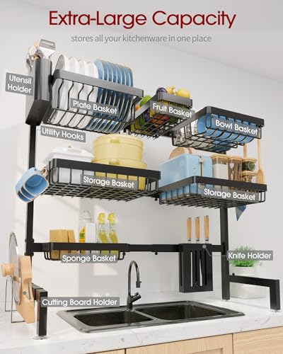 Dish Drying Rack - Over The Sink Dish Drainer Drying Rack with Utensil & Knife Holder, Hooks, Stainless Steel Kitchen Organizers and Storage Solution, 11.8" D x 31.5"~39.0''W x 30" H, Black