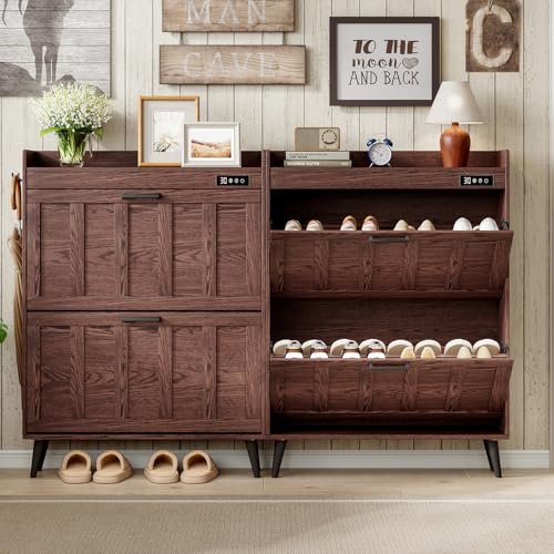 ChooChoo Shoe Storage Cabinet with 2 Flip Drawers and Deodorizer | Shoe Organizer Storage for Entryway, Freestanding Hidden Slim Narrow Shoe Rack Cabinet, Walnut
