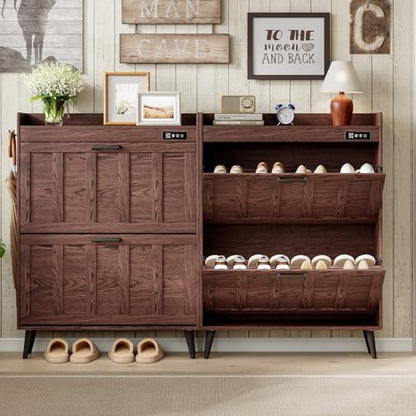 ChooChoo Shoe Storage Cabinet with 2 Flip Drawers and Deodorizer | Shoe Organizer Storage for Entryway, Freestanding Hidden Slim Narrow Shoe Rack Cabinet, Walnut
