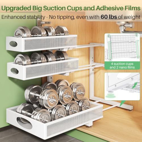 Kitstorack Under Sink Organizer 3-Tier Slide Out Drawer for Bathroom 2-Pack | Height Adjustable, Metal Mesh Storage Rack, Pull out Cabinet Organizer Shelf for Kitchen Pantry Home Laundry Organization