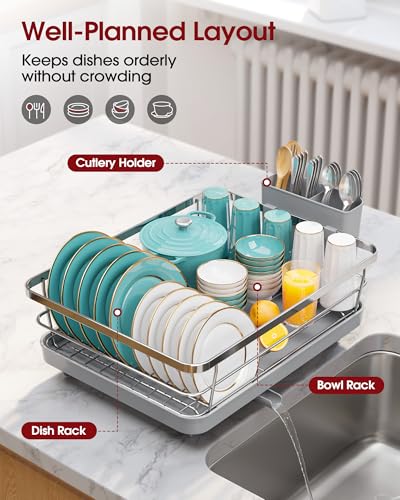 Dish Drying Rack - Stainless Steel Dish Rack with Drainboard for Kitchen Counter and Sink, 15.6" D x 12" W x 5" H, Sliver