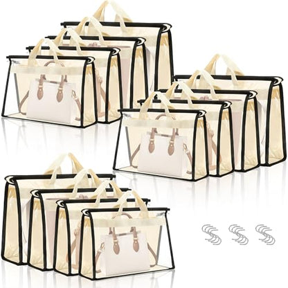12 Packs Dust Bags for Handbags,4 Sizes Beige Clear Handbag Storage Organizer for Closet, Purse Organizer with Zipper Handle and 12 Pcs Hooks