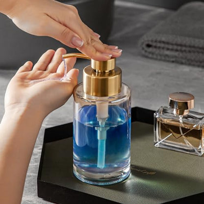 Enra Thick Glass Soap Dispenser, Gold Liquid Hand Bathroom Soap Dispenser | 12oz glass container with stainless steel pump. Refillable design with elegant style for countertops, kitchens