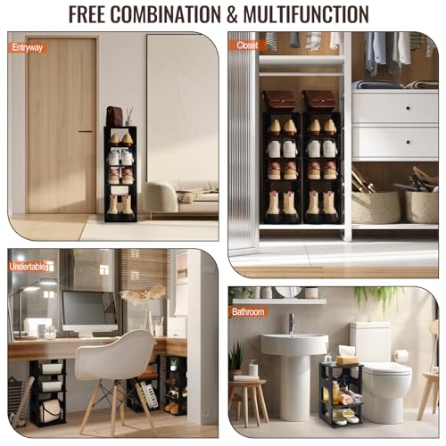 TRZZ 5-Tier Shoe Rack, Narrow Stackable Organizer, Black | Removable Partition, Vertical Efficient Shoe Storage, for Closet, Entryway, Small Spaces