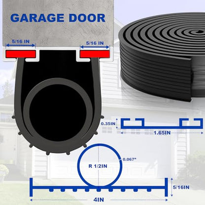 Garage Door Seals Bottom Rubber Weather Stripping Kit Seal Strip Replacement, Weatherproof Threshold Buffering Sealing Rubber 5/16 Inch T Ends (16 FT, Black, U+O)