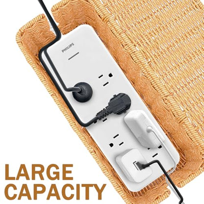 2PCS Cable Management Box, Handmade Rattan Cable Organizer Cord Basket | Open Slots Cords Hider Box Under Desk Cord Organizer for Computer Router USB Hub & Power Strip