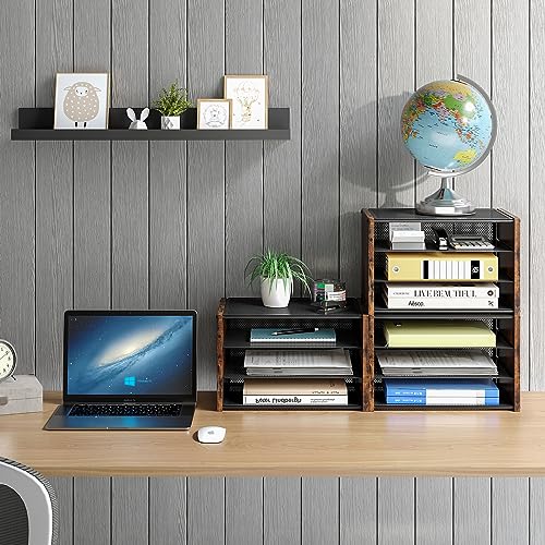DAOUTIME 3-Tier Paper Letter Tray, Wooden Desk File Organizer, Stackable Metal Mesh Desk Organizer for Office Supplies. Small Paper Trays for Home Office School, Rustic Brown