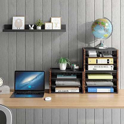 DAOUTIME 3-Tier Paper Letter Tray, Wooden Desk File Organizer, Stackable Metal Mesh Desk Organizer for Office Supplies. Small Paper Trays for Home Office School, Rustic Brown
