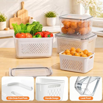 Fruit Storage Containers for Fridge, 3 Pack Plastic Food Storage Container