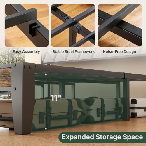 Twin Bed Frame, Headboard with Charging Plug | Upholstered Storage Design With Use, Solid Metal Construction, Noise-Free, No Box Spring Needed, Easy Assembly, Antique Wood