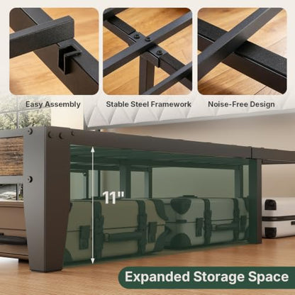 Twin Bed Frame, Headboard with Charging Plug | Upholstered Storage Design With Use, Solid Metal Construction, Noise-Free, No Box Spring Needed, Easy Assembly, Antique Wood