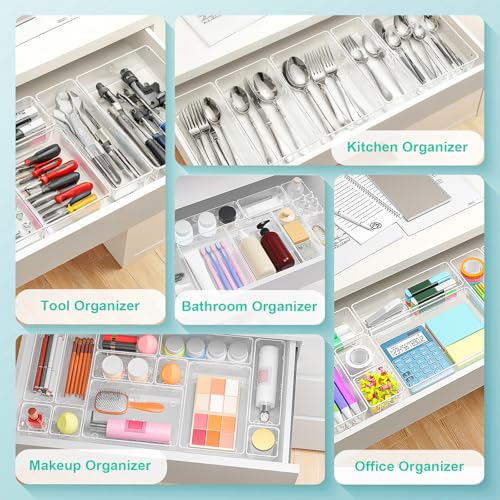 45Pack Makeup Drawer Organizers Set, 4Sizes acrylic desk organizer trays for vanity, bathroom, office, nightstand, junk for kitchen drawer, Versatile plastic drawer divider storage bins