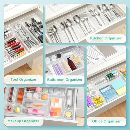 45Pack Makeup Drawer Organizers Set, 4Sizes acrylic desk organizer trays for vanity, bathroom, office, nightstand, junk for kitchen drawer, Versatile plastic drawer divider storage bins