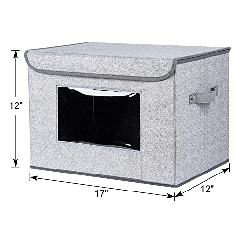 Univivi Fabric Closet Storage Bins with Lids for Shelves 4 Pack, Gray | 17 x 12 x 12 In Clothes Storage Bins with Handles & Window, Foldable Closet Organizers and Storage for Home, Office, Bedroom