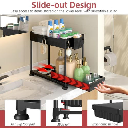 4-Pack 2-Tier Under Sink Organizer with Pull Out Drawers | Multi-use kitchen & bathroom storage. Includes hanging hooks and cups. Black, space-saving cabinet design.