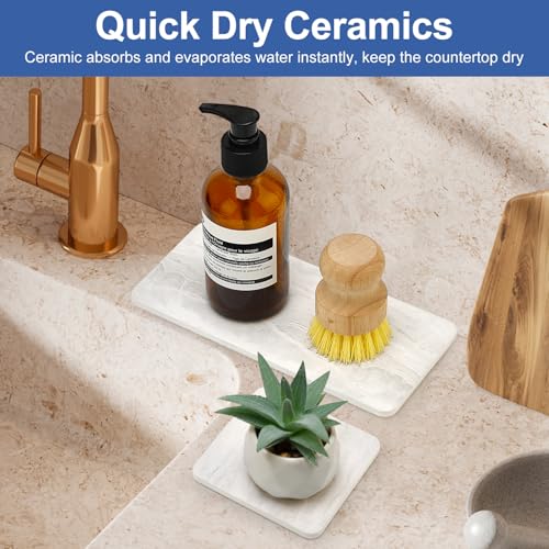 4 Pcs Water Absorbent Stone Dry Tray for Bathroom Sink Kitchen Counter Tray | Diatomite Stone Quick Drying Diatomaceous Earth Mat Soap Dispenser Dish Sponge Holder Ceramic Marble Bathroom Vanity Trays