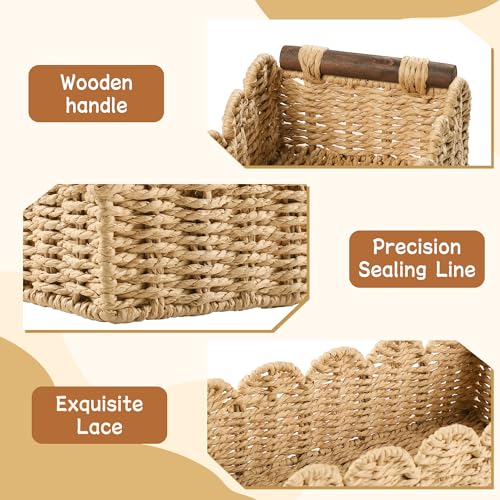 Bathroom Decor Basket for Toilet Paper Storage Baskets For Organizing | For Bedroom Living Room Kitchen Home Decor Scalloped Cute Basekt With Handle for Apartment Countertop,Beige