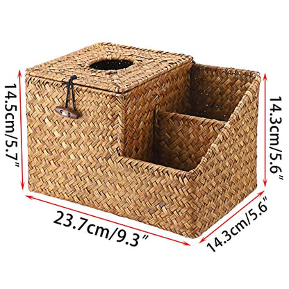 Sumnacon Square Woven Tissue Box Cover - Decorative Cube Tissue Box Holder with Side Organizer, Rustic Seagrass Tissue Box for Living Room Vanity Night Stand Table Countertop Office,Caramel