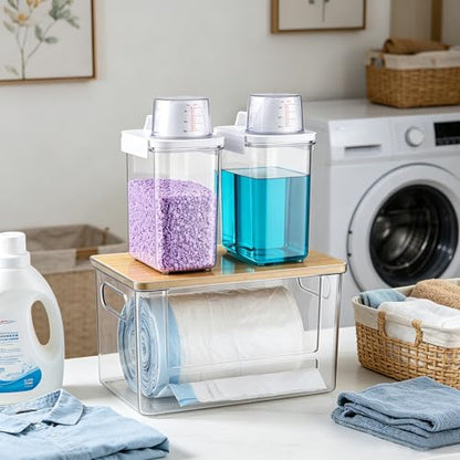 Trash Bag Dispenser Holder, 3-in-1 Laundry Detergent Dispenser Under Sink Organizer Box & Bamboo Lid, Clear Laundry Room Organization and Storage, Kitchen Garbage Bags Storage Container