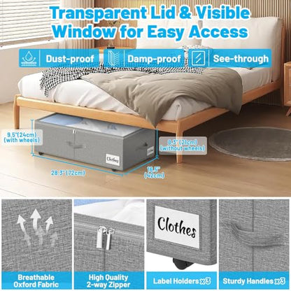 Under Bed Storage with Wheels, 2-Pack 10" Height XXL 75L Rolling Storage Bins, Quick Assembly Underbed Shoe Storage Containers with Clear Lid & Label, Dorm Under Bed Drawers for Clothes, Shoes, Grey