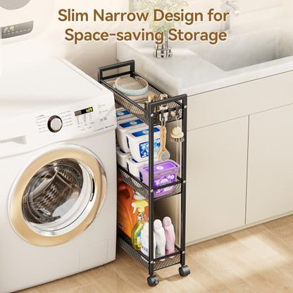 Slim Rolling Storage Cart, Metal 3 Tier Bathroom Storage Organizer Laundry Room Utility Cart for Kitchen, Bthroom, Makeup, Craft, Laundry Narrow Places, Black