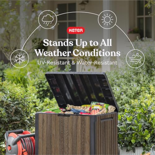 Keter Premium Everwood 30 Gal Outdoor Storage Box and Patio Side Table | Walnut, Resin, Compact, Weatherproof, Lockable, Durable, Easy Assembly, Organization, Patio Cushions Storage