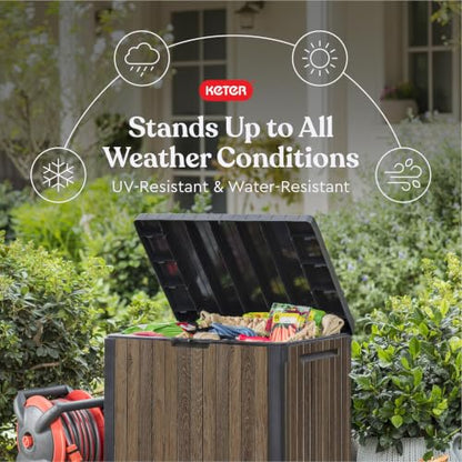 Keter Premium Everwood 30 Gal Outdoor Storage Box and Patio Side Table | Walnut, Resin, Compact, Weatherproof, Lockable, Durable, Easy Assembly, Organization, Patio Cushions Storage
