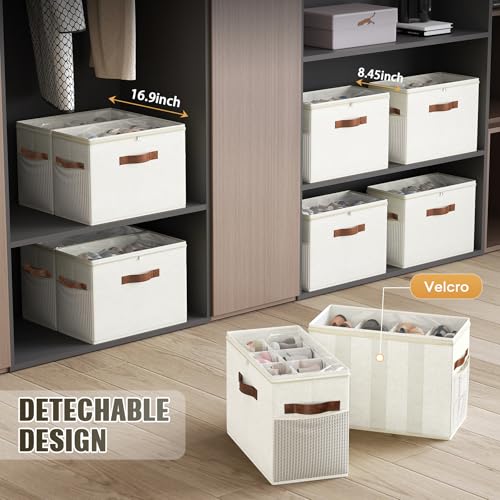 2 Pack Shoe Organizer for Closet, Foldable Shoe Storage with Adjustable | Farbic shoe storage organizer box bin with clear cover, fits up to 16 pairs, shoe storage box for closet, entryway, beige