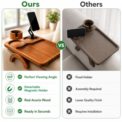 Couch Armrest Table with Cup Holder (15.31" x 9.65") - Acacia Sofa Arm Tray Organizer with Magnetic & 360° Rotating Phone Holder - Fits Couch Arm for Drinks, Snacks & Remote Control
