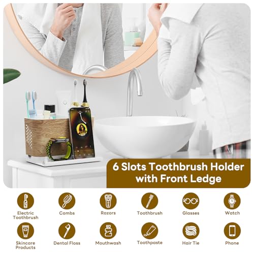 Bathroom Organizers and Storage 6 Slots Wood Grain Electric Toothbrush Holders with Phone Holder and Adjustable Dividers, Cord-Friendly Toothbrush Organizer with Drainage for Family, Kids