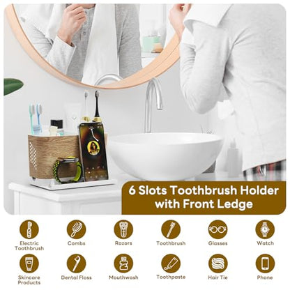 Bathroom Organizers and Storage 6 Slots Wood Grain Electric Toothbrush Holders with Phone Holder and Adjustable Dividers, Cord-Friendly Toothbrush Organizer with Drainage for Family, Kids
