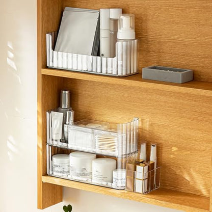 2-Tier Stackable Medicine Cabinet Organizer Shelves, Clear | Makeup Storage with Lipstick Holders, Cotton Swab Holder, Shelf Trays for Bathroom Cabinet, Counter, Vanity