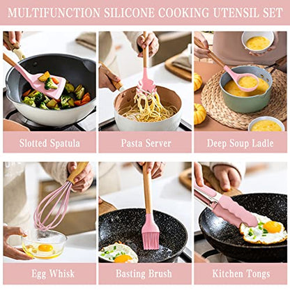 Umite Chef Silicone Kitchen Utensils Set, 33 Piece Non-Stick Kitchen Utensils with Stand, Wooden Handle, Pink