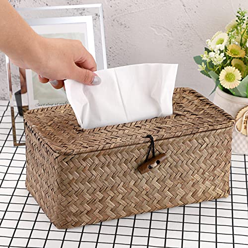 Sumnacon Tissue Box Cover Rectangle Seagrass Woven Tissue Box Holder,Coffee | Decorative Tissue Box Cover Rectangular with Lid for Bathroom Natural Farmhouse Tissue Covers for Home Office Table,Medium