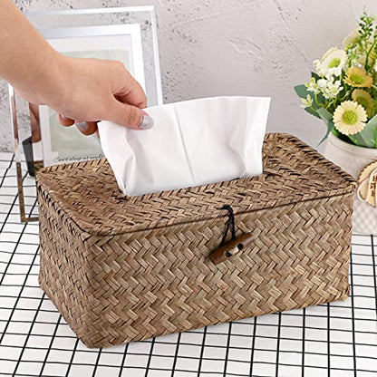 Sumnacon Tissue Box Cover Rectangle Seagrass Woven Tissue Box Holder,Coffee | Decorative Tissue Box Cover Rectangular with Lid for Bathroom Natural Farmhouse Tissue Covers for Home Office Table,Medium