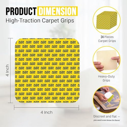 Grip Rug Gripper Carpet Tape - 24pcs, 4x4 in. Anti-Slip Hardwood, Tile Floor, No Damage - Double Sided Reusable, Non Slip Corner Rug Pads - As Seen on TV