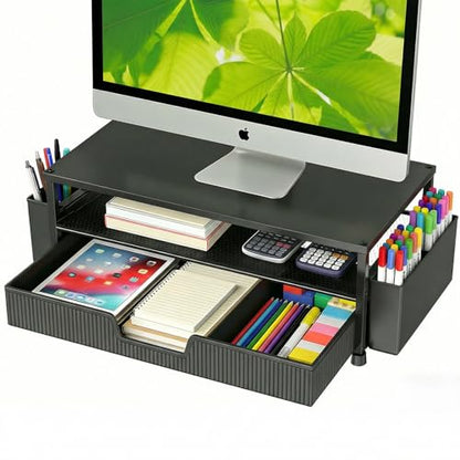 Desk Organizer and Accessories, 2-Tier Computer Monitor Stand Rise with Storage Drawer & 2 Pen Holders, Laptop & Printer Stand for Desktop, Workspace Organizers for Office Supplies (Black)