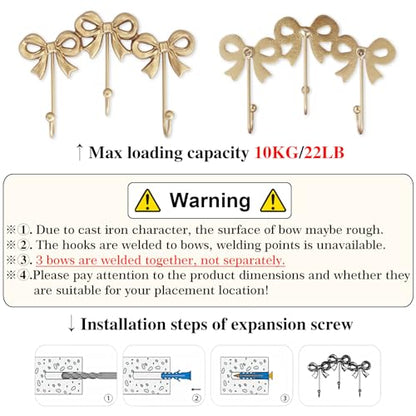Small Gold Bow Wall Hook,Gold Cast Iron Hook,Size:8.27x5.59 inches | Wall Mounted,Gold Cast Iron,For Coats,Bath Towels,Room Decor,Bathroom,cute coquette decor,Office