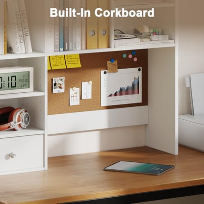 Desk Hutch Dorm with Cork Board, Shelves and Drawer | Desktop Bookshelf for College Dorm, Student Bedroom, White