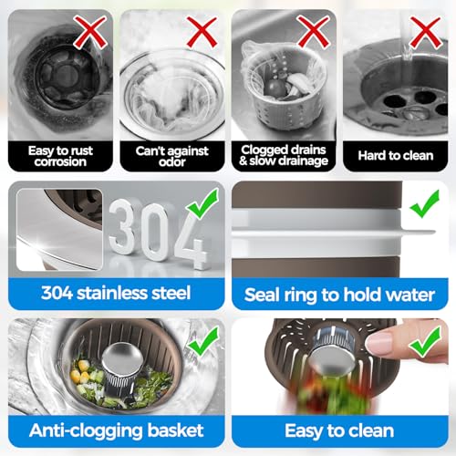 3 in 1 Kitchen Sink Drain Strainer Stopper Removable Basket Pop-Up | Kitchen Sink Accessories 1 Pack Brown Stainless - Food Catcher, Odor-Blocking Seal, Fits 3.5" Drain, Easy Clean