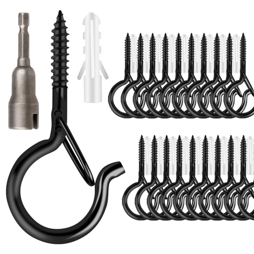 FSAH 36 PCS Q-Hanger Hooks with Safety Buckle, Windproof Screw Hooks | for Outdoor String Lights Hanging Christmas Patio Lights, Plants, Cup Eye Hooks Mount on Wall Ceiling Wood Fence Deck, Black