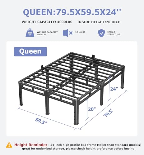 Queen Size Metal Platform Bed Frame, 24 Inch Dual-Layer Heavy Duty Base | 2-in-1 Base, 4000LBS Load Capacity, Noise-Free, Round Corner Legs, 4 Mattress Stoppers, Easy Assembly, No Box Spring need